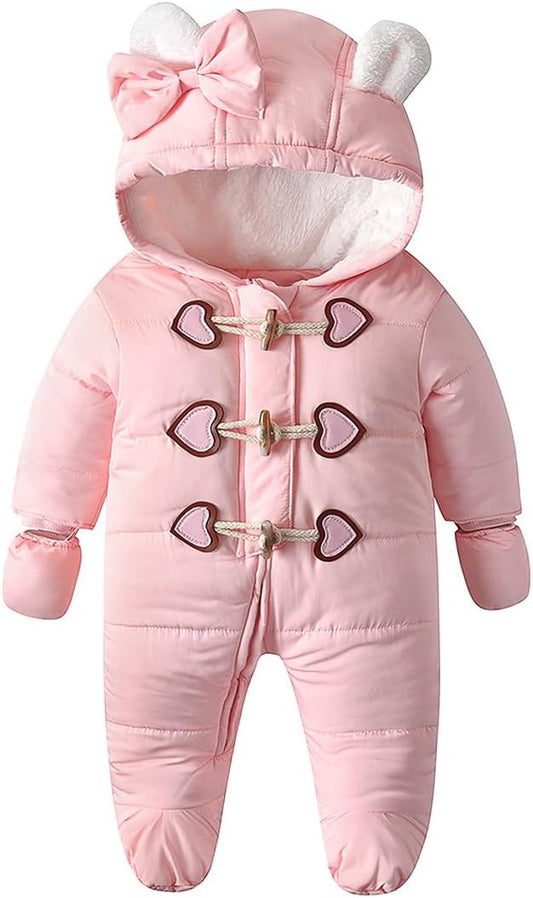 Baby Infant Boys Girls Snowsuit Winter Hooded Footed Warm Jumpsuit Outerwear with Gloves for 3-24 Months