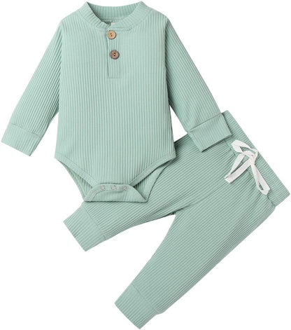 Winter Newborn Baby Boy Girl Clothes Set Ribbed Outfits Unisex Infant Solid Cotton Button Long Sleeve Tops Pants 2PCS